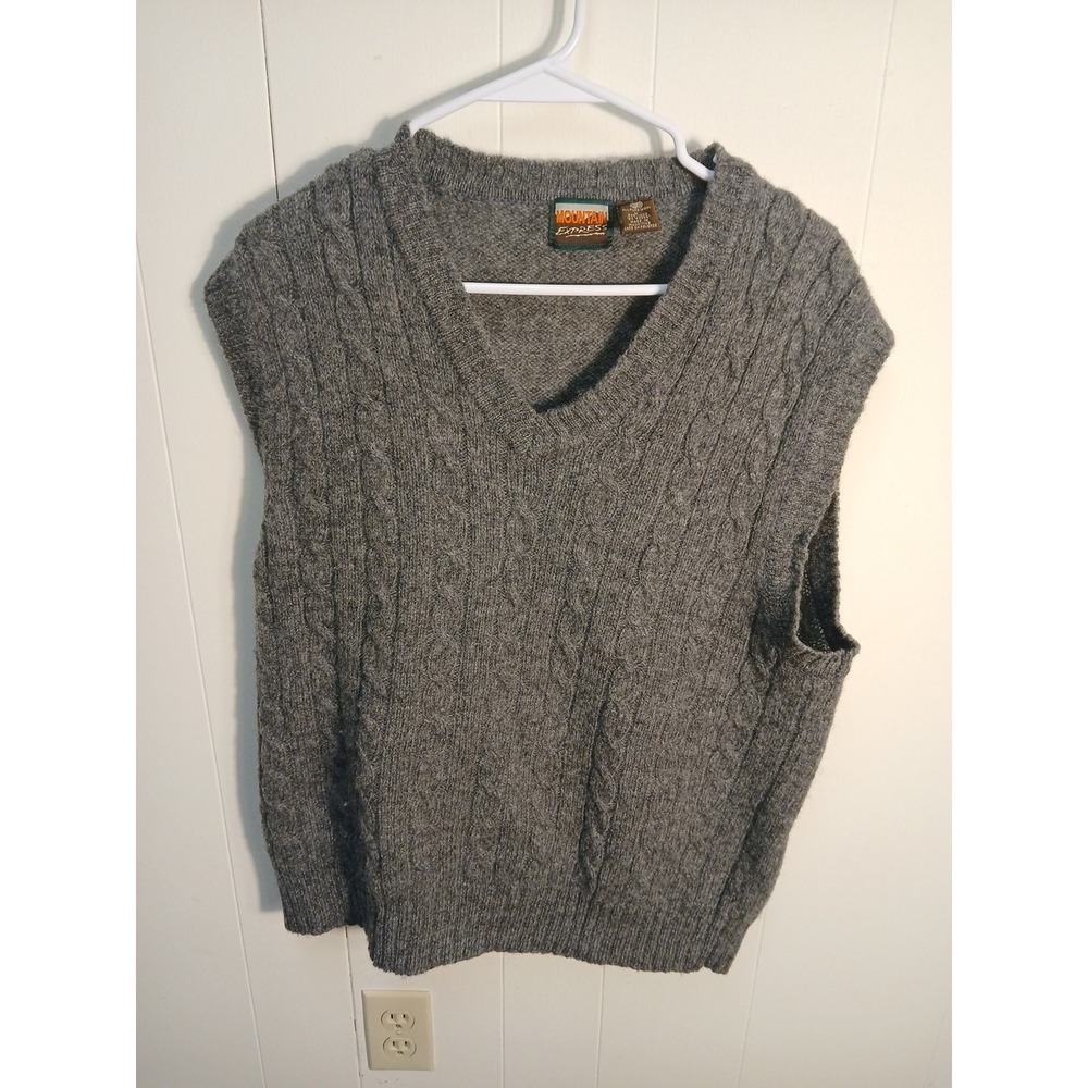 Vintage Mountain Express Mens Wool Cable Knit Sleeveless‎ Sweater Vest Gray L
